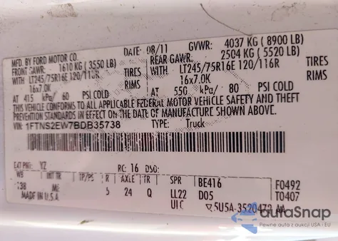 2011 Ford E-250 Commercial z USA, uszkodzony, nr VIN 1FTNS2EW7BDB35738